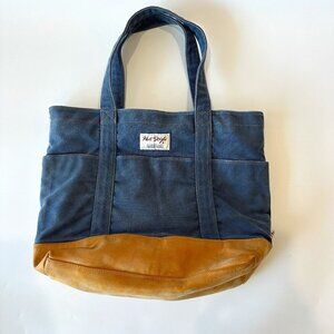 Blue Canvas & Tan Leather Multi-Pocket Utility Tote Bag